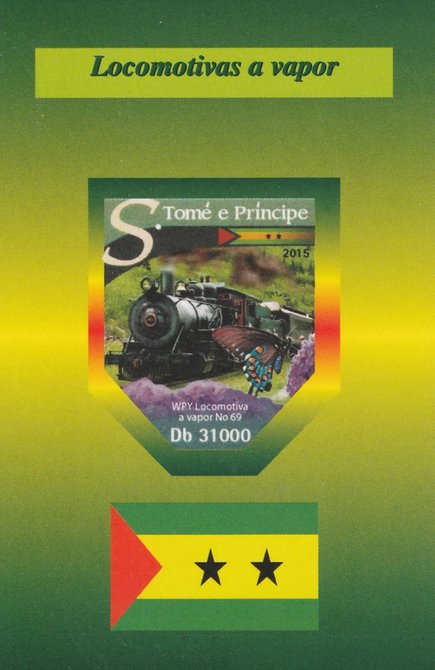 St Thomas & Prince Islands 2015 Steam Trains #2 imperf deluxe sheet unmounted mint. Note this item is privately produced and is offered purely on its thematic appeal, stamps on , stamps on  stamps on railways