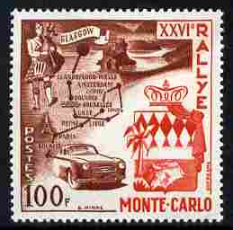 Monaco 1956 26th Monte Carlo Rally 100f unmounted mint SG 577, stamps on , stamps on  stamps on sport, stamps on  stamps on cars, stamps on  stamps on racing cars, stamps on  stamps on  f1 , stamps on  stamps on formula 1, stamps on  stamps on maps
