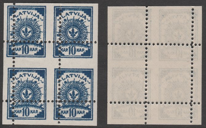 Latvia 1919 Arms 10k blue with perforations dramatically misplaced block of 4 unmounted mint as SG 28 but status uncertain