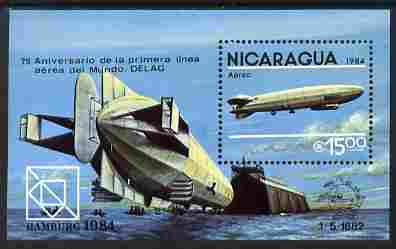 Nicaragua 1984 75th Anniversary of First Zeppelin Flight perf m/sheet with Hamburg 1984 imprint unmounted mint, stamps on , stamps on  stamps on aviation, stamps on  stamps on airships, stamps on  stamps on zeppelins, stamps on  stamps on stamp exhibitions