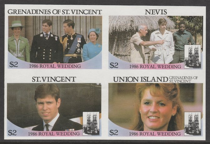 St Vincent - Grenadines 1986 Royal Wedding $2 in imperf block of 4 se-tenant with Nevis $2, St Vincent $2 and Union Island $2 unmounted mint. From an uncut trial proof sheet of which only 10 such blocks can exist. A recent discovery never previously offered., stamps on , stamps on  stamps on royalty       andrew & fergie