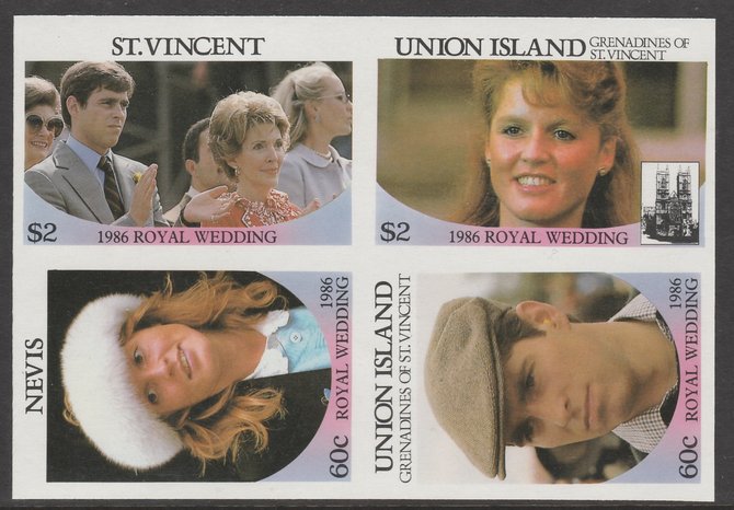 St Vincent  1986 Royal Wedding $2 in imperf block of 4 se-tenant with Union Island $2, Nevis 60c and Union Island 60c unmounted mint. From an uncut trial proof sheet of which only 10 such blocks can exist. A recent discovery never previously offered., stamps on , stamps on  stamps on royalty       andrew & fergie