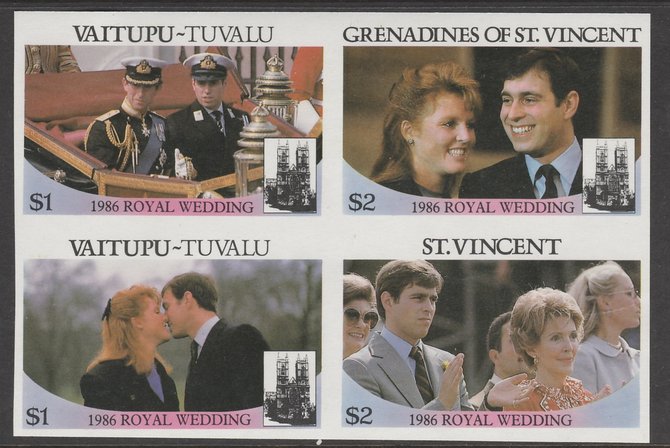 Tuvalu - Vaitupu  1986 Royal Wedding $1 in imperf block of 4 se-tenant with St Vincent Grenadines $2, Vaitupu $1 and  St Vincent $2 unmounted mint. From an uncut trial proof sheet of which only 10 such blocks can exist. A recent discovery never previously offered., stamps on , stamps on  stamps on royalty       andrew & fergie