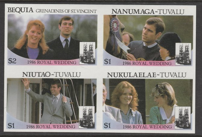 St Vincent - Bequia  1986 Royal Wedding $2 in imperf block of 4 se-tenant withNanumaga $1, Niutao $1 and Nukulaelae $1 unmounted mint. From an uncut trial proof sheet of which only 10 such blocks can exist. A recent discovery never previously offered., stamps on , stamps on  stamps on royalty       andrew & fergie