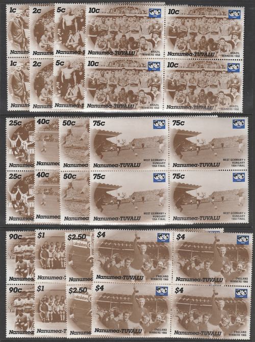 Tuvalu - Nanumea 1986 World Cup Football Champions complete set of 12 in superb unmounted mint blocks of 4, stamps on football  sport