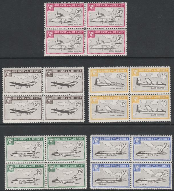 Guernsey - Alderney 1965 Aircraft perf set of 5 in unmounted mint blocks of 4, stamps on , stamps on  stamps on aviation