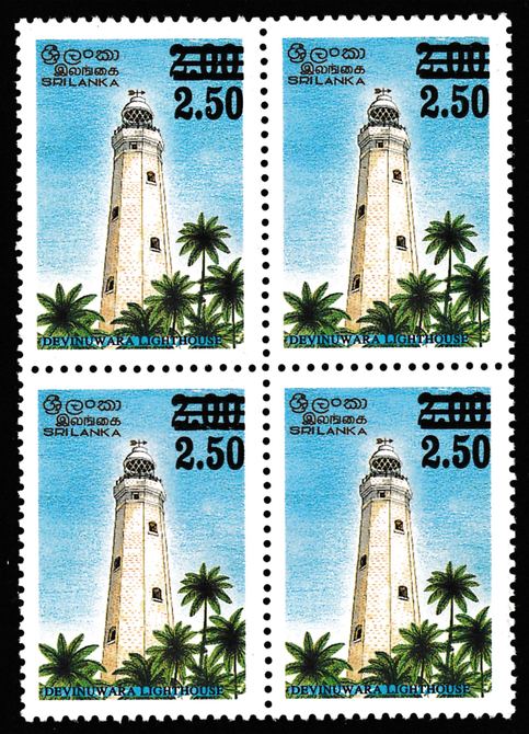 Sri Lanka 1996 Devinuwara Lighthouse 2r surcharged 2r50 (SG type 585), very small quantity surcharged, unmounted mint block of 4, SG 1350, stamps on , stamps on  stamps on lighthouses