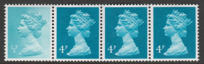 Great Britain 1981 Readers Digest multi-value coil strip of 4 (1/2p, 4p, 4p, 4p) with variety on 1/2d - Large background disturbance above Crown unmounted mint, stamps on , stamps on  stamps on machins