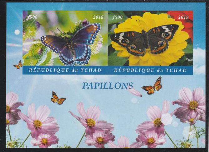 Chad 2018 Butterflies imperf sheetlet containing 2 values unmounted mint. Note this item is privately produced and is offered purely on its thematic appeal. . , stamps on butterflies