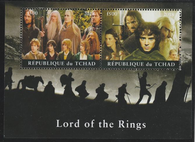 Chad 2018 Lord of the Rings perf sheetlet containing 2 values unmounted mint. Note this item is privately produced and is offered purely on its thematic appeal. . , stamps on , stamps on  stamps on films, stamps on  stamps on movies, stamps on  stamps on cinema