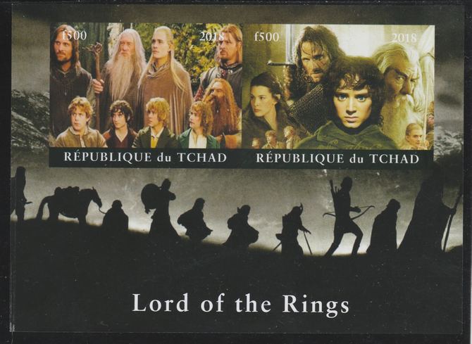 Chad 2018 Lord of the Rings imperf sheetlet containing 2 values unmounted mint. Note this item is privately produced and is offered purely on its thematic appeal. , stamps on , stamps on  stamps on films, stamps on  stamps on movies, stamps on  stamps on cinema