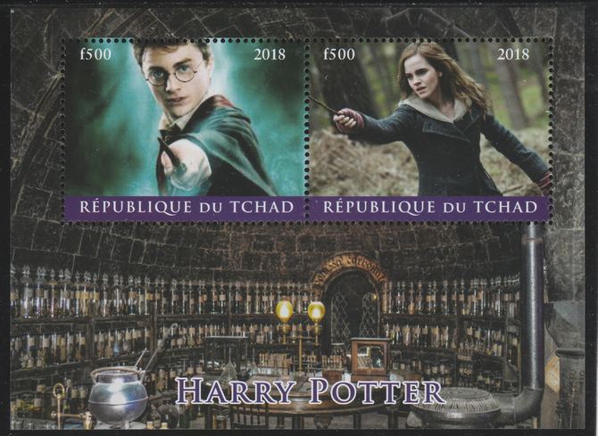 Chad 2018 Harry Potter perf sheetlet containing 2 values unmounted mint. Note this item is privately produced and is offered purely on its thematic appeal. . , stamps on , stamps on  stamps on films, stamps on  stamps on movies, stamps on  stamps on cinema, stamps on  stamps on sci-fi