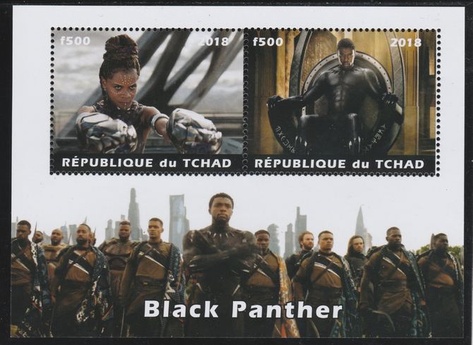 Chad 2018 Black Panther perf sheetlet containing 2 values unmounted mint. Note this item is privately produced and is offered purely on its thematic appeal. . , stamps on , stamps on  stamps on films, stamps on  stamps on movies, stamps on  stamps on cinema, stamps on  stamps on fantasy, stamps on  stamps on disney