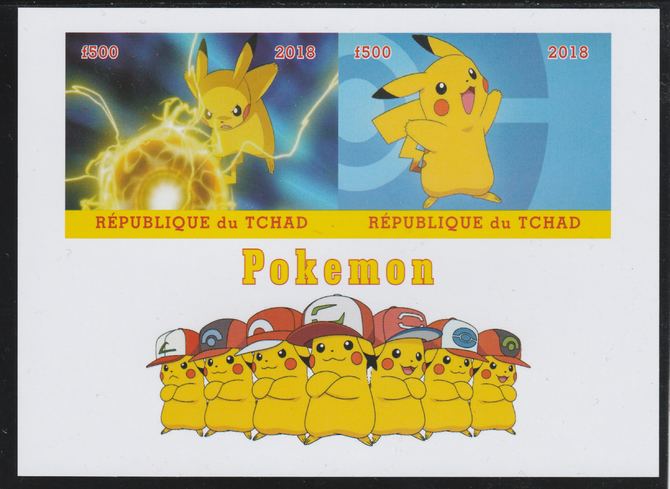 Chad 2018 Pokemon imperf sheetlet containing 2 values unmounted mint. Note this item is privately produced and is offered purely on its thematic appeal. . , stamps on , stamps on  stamps on films, stamps on  stamps on movies, stamps on  stamps on cinema, stamps on  stamps on 