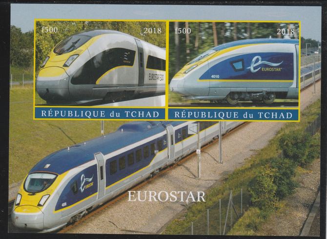 Chad 2018 Eurostar imperf sheetlet containing 2 values unmounted mint. Note this item is privately produced and is offered purely on its thematic appeal. . , stamps on , stamps on  stamps on railways, stamps on  stamps on eurostar