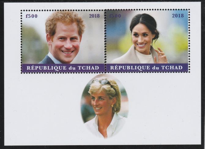 Chad 2018 Harry & Meghan perf sheetlet containing 2 values unmounted mint. Note this item is privately produced and is offered purely on its thematic appeal. , stamps on , stamps on  stamps on royalty, stamps on  stamps on harry, stamps on  stamps on meghan, stamps on  stamps on diana