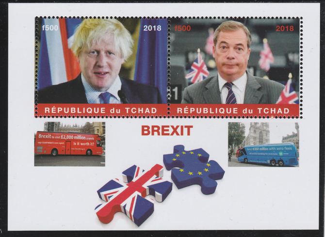 Chad 2018 Brexit perf sheetlet containing 2 values unmounted mint. Note this item is privately produced and is offered purely on its thematic appeal. , stamps on brexit, stamps on constitutions