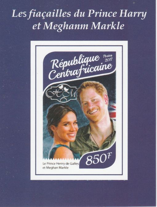 Central African Republic 2017 Prince Harry & Meghan #1 imperf deluxe sheet unmounted mint. Note this item is privately produced and is offered purely on its thematic appeal. Note this item is privately produced and is offered purely on its thematic appeal, stamps on , stamps on  stamps on royalty, stamps on  stamps on harry, stamps on  stamps on meghan