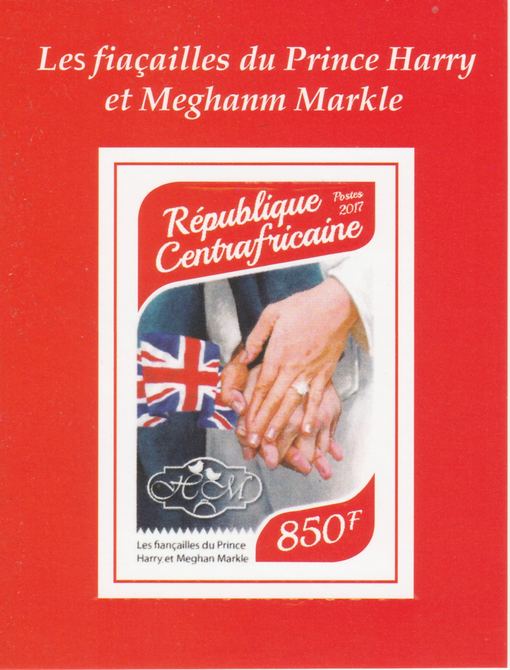 Central African Republic 2017 Prince Harry & Meghan #2 imperf deluxe sheet unmounted mint. Note this item is privately produced and is offered purely on its thematic appeal., stamps on , stamps on  stamps on royalty, stamps on  stamps on harry, stamps on  stamps on meghan