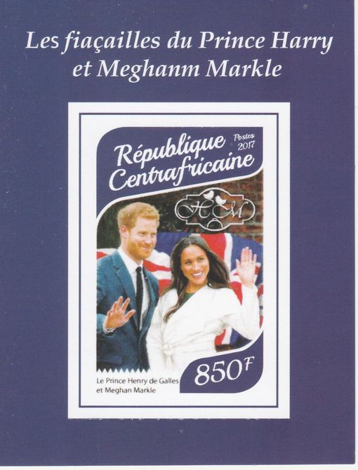 Central African Republic 2017 Prince Harry & Meghan #3 imperf deluxe sheet unmounted mint. Note this item is privately produced and is offered purely on its thematic appeal. Note this item is privately produced and is offered purely on its thematic appeal, stamps on , stamps on  stamps on royalty, stamps on  stamps on harry, stamps on  stamps on meghan