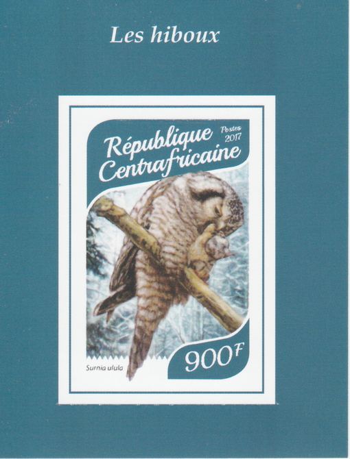 Central African Republic 2017 Owls #2 imperf deluxe sheet unmounted mint. Note this item is privately produced and is offered purely on its thematic appeal., stamps on birds, stamps on birds of prey, stamps on owls