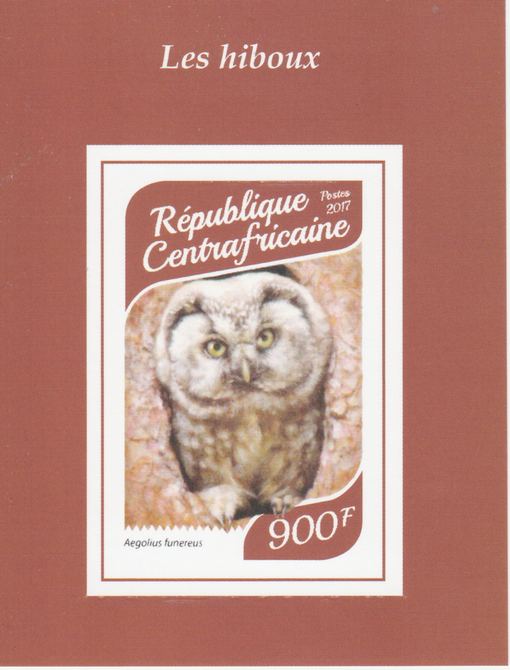 Central African Republic 2017 Owls #4 imperf deluxe sheet unmounted mint. Note this item is privately produced and is offered purely on its thematic appeal., stamps on , stamps on  stamps on birds, stamps on  stamps on birds of prey, stamps on  stamps on owls