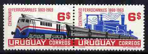 Uruguay 1969 Railway Centenary se-tenant set of 2 unmounted mint, SG 1401a, stamps on , stamps on  stamps on railways