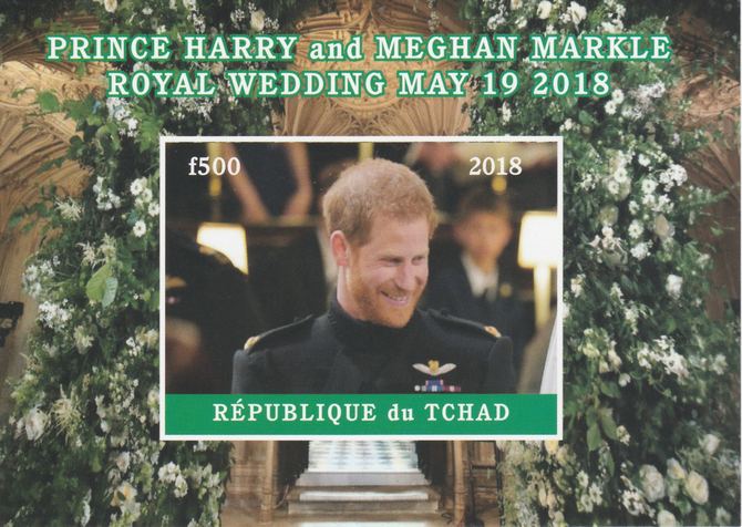 Chad 2018 Royal Wedding #2 Harry & Meghan imperf deluxe sheet unmounted mint. Note this item is privately produced and is offered purely on its thematic appeal, it has no postal validity, stamps on , stamps on  stamps on royalty, stamps on  stamps on harry, stamps on  stamps on meghan