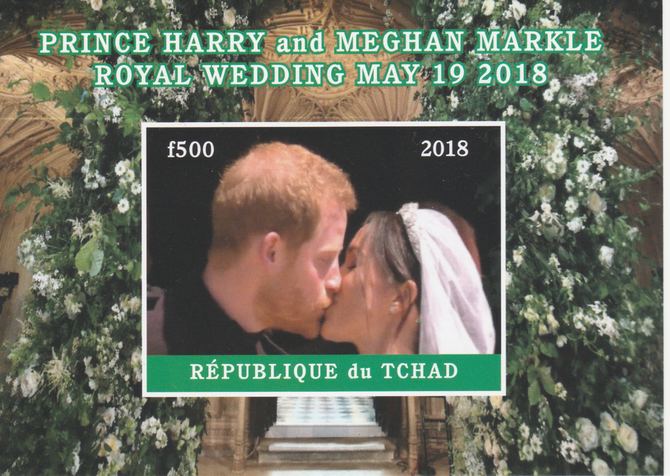 Chad 2018 Royal Wedding #4 Harry & Meghan imperf deluxe sheet unmounted mint. Note this item is privately produced and is offered purely on its thematic appeal, it has no..., stamps on royalty, stamps on harry, stamps on meghan