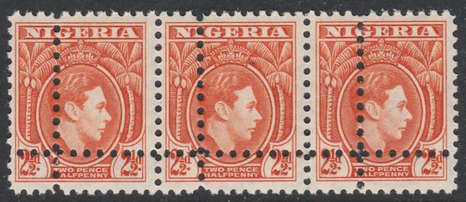 Nigeria 1938-512 KG6 2.5d orange horizontal strip of 3 with perforations doubled (as SG 52b) unmounted mint. Note: the stamps are genuine but the additional perfs are a slightly different gauge identifying it to be a forgery., stamps on , stamps on  stamps on , stamps on  stamps on  kg6 , stamps on  stamps on 