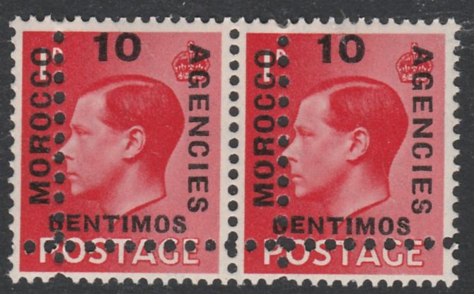 Morocco Agencies - Spanish Currency 1936-37 KE8 10c on 1d horizontal pair with perforations doubled (as SG 161) unmounted mint. Note: the stamps are genuine but the additional perfs are a slightly different gauge identifying it to be a forgery., stamps on , stamps on  stamps on , stamps on  stamps on  ke8 , stamps on  stamps on 