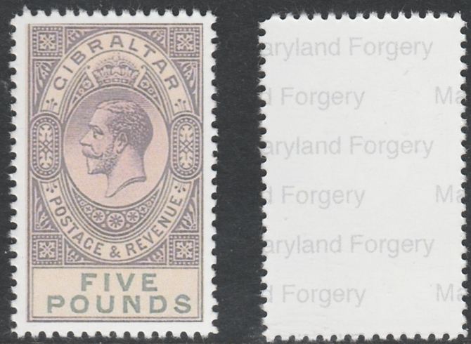 Gibraltar 1925-32 KG5 5 violet & black 'Maryland' perf forgery 'unused', as SG 108 - the word Forgery is printed on the back and comes on a presentation card with descriptive notes., stamps on , stamps on  kg5 , stamps on maryland, stamps on forgery, stamps on forgeries, stamps on 