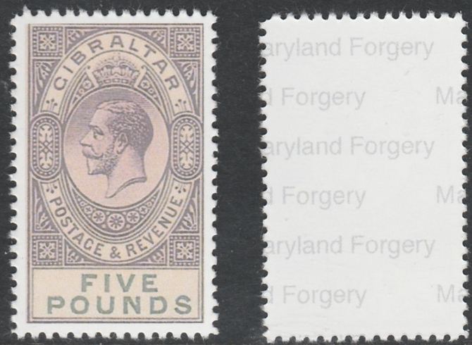 Gibraltar 1925-32 KG5 £5 violet & black 'Maryland' perf forgery 'unused', as SG 108 - the word Forgery is printed on the back and comes on a presentation card with descriptive notes., stamps on , stamps on  stamps on , stamps on  stamps on  kg5 , stamps on  stamps on maryland, stamps on  stamps on forgery, stamps on  stamps on forgeries, stamps on  stamps on 