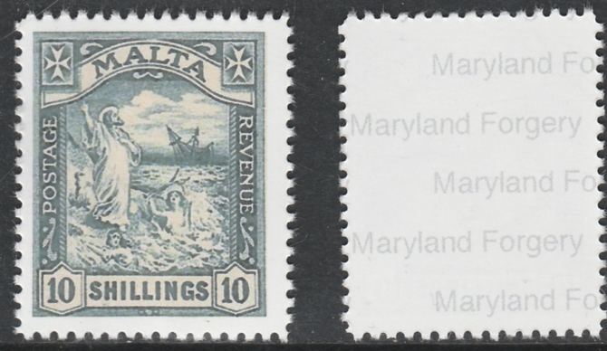 Malta 1919 Shipwreck of St John 10s black 'Maryland' perf forgery 'unused', as SG 96 - the word Forgery is printed on the back and comes on a presentation card with descriptive notes., stamps on , stamps on  stamps on , stamps on  stamps on  kg5 , stamps on  stamps on maryland, stamps on  stamps on forgery, stamps on  stamps on forgeries, stamps on  stamps on  ships, stamps on  stamps on religion