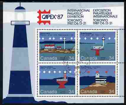 Canada 1986 Lighthouses - 2nd series perf m/sheet with Capex imprint cds used, SG MS 1180, stamps on lighthouses, stamps on stamp exhibitions