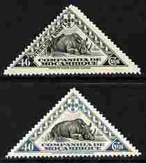 Mozambique Company 1937 White Rhino 40c (triangular) Printers sample in black & green opt'd 'Waterlow & Sons Specimen' with small security punch hole unmounted mint plus mint issued stamp in black & turquoise (SG 292), stamps on , stamps on  stamps on animals, stamps on  stamps on rhinos