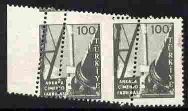 Turkey 1959 Cement Factory 100k horizontal marginal pair with crazy perfs due tp paper fold, unmounted mint and spectacular, stamps on , stamps on  stamps on turkey 1959 cement factory 100k horizontal marginal pair with crazy perfs due tp paper fold, stamps on  stamps on  unmounted mint and spectacular