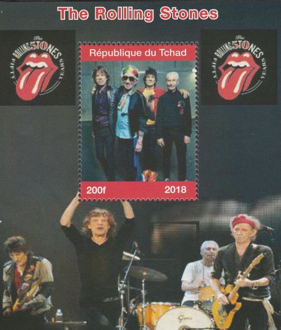 Chad 2018 Rolling Stones perf souvenir sheet unmounted mint. Note this item is privately produced and is offered purely on its thematic appeal. , stamps on music, stamps on pops, stamps on rock, stamps on rolling stones