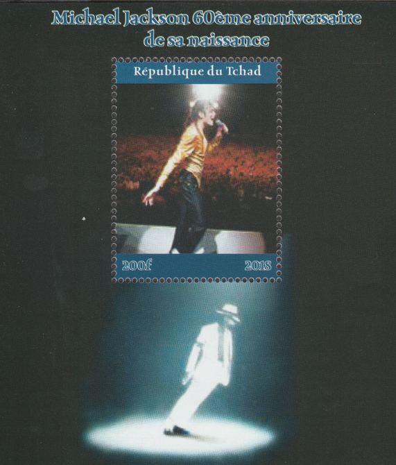 Chad 2018 Michael Jackson #1 perf souvenir sheet unmounted mint. Note this item is privately produced and is offered purely on its thematic appeal. , stamps on , stamps on  stamps on music, stamps on  stamps on pops, stamps on  stamps on rock, stamps on  stamps on michael jackson