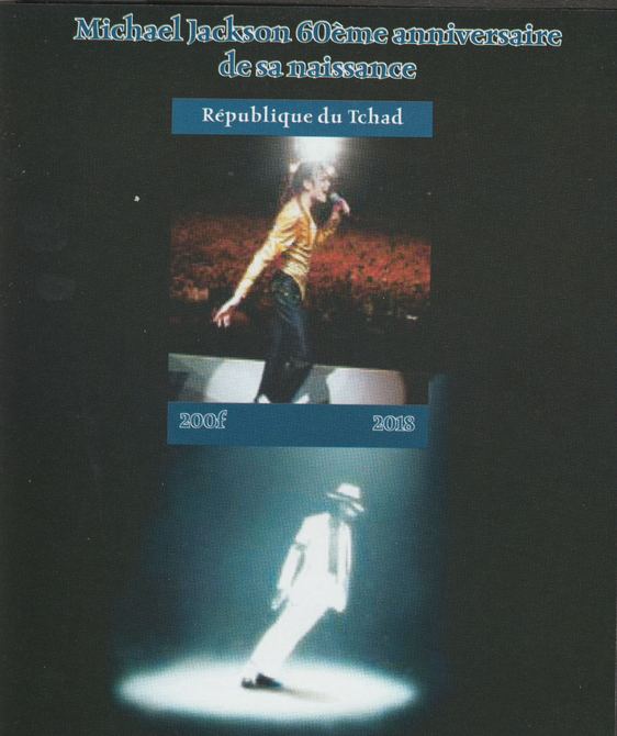 Chad 2018 Michael Jackson #1 imperf souvenir sheet unmounted mint. Note this item is privately produced and is offered purely on its thematic appeal. , stamps on , stamps on  stamps on music, stamps on  stamps on pops, stamps on  stamps on rock, stamps on  stamps on michael jackson