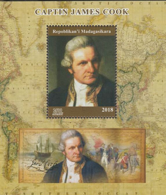 Madagascar 2018 Capt James Cook perf souvenir sheet unmounted mint. Note this item is privately produced and is offered purely on its thematic appeal. , stamps on , stamps on  stamps on personalities, stamps on  stamps on explorers, stamps on  stamps on cook