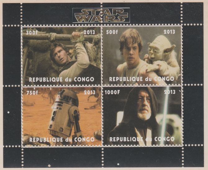 Congo 2013 Star Wars perf sheetlet containing 4 values unmounted mint. Note this item is privately produced and is offered purely on its thematic appeal, it has no postal..., stamps on films, stamps on movies, stamps on cinema, stamps on sci-fi, stamps on star wars