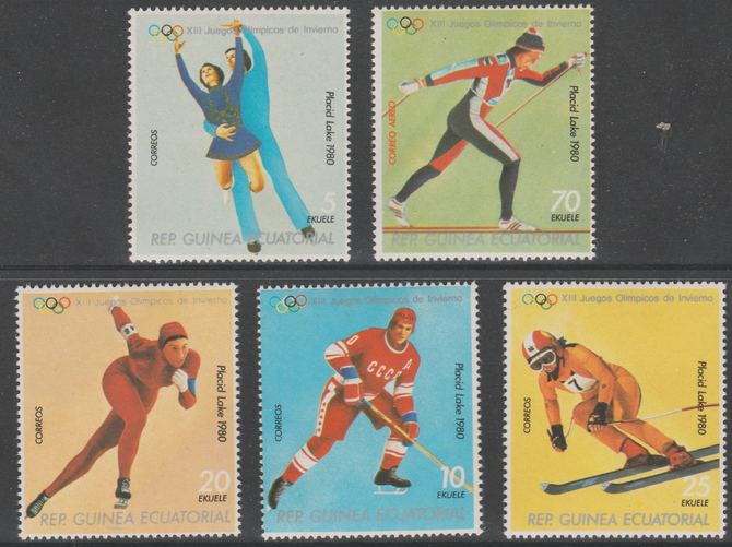 Equatorial Guinea 1978 Lake Placid Olympic Winter Games perf set of 5 unmounted mint Mi 1308-1312, stamps on , stamps on  stamps on olympics, stamps on  stamps on  skiing, stamps on  stamps on ice skating, stamps on  stamps on ice dancing, stamps on  stamps on ice hockey