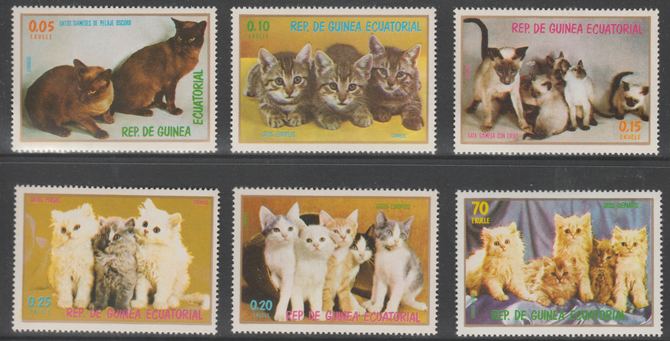 Equatorial Guinea 1976 Domestic Cats perf set of 6 (ex 15c Air) unmounted mint Mi 1016-1020 & 1022, stamps on , stamps on  stamps on cats