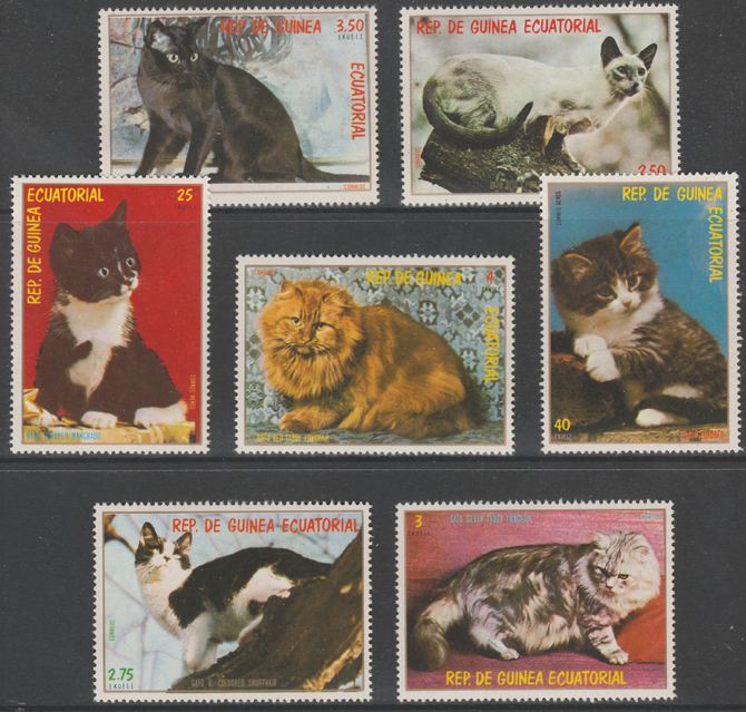 Equatorial Guinea 1978 Domestic Cats perf set of 7 unmounted mint Mi 1394-1400, stamps on , stamps on  stamps on cats