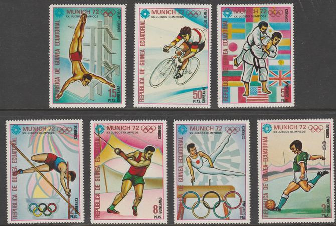 Equatorial Guinea 1972 Munich Olympics (4th series) perf set of 7 values unmounted mint, Mi 108-114, stamps on , stamps on  stamps on sport, stamps on  stamps on olympics, stamps on  stamps on diving, stamps on  stamps on judo, stamps on  stamps on martial arts, stamps on  stamps on cycling, stamps on  stamps on bicycles, stamps on  stamps on football, stamps on  stamps on gymnasticshammer, stamps on  stamps on pole vault