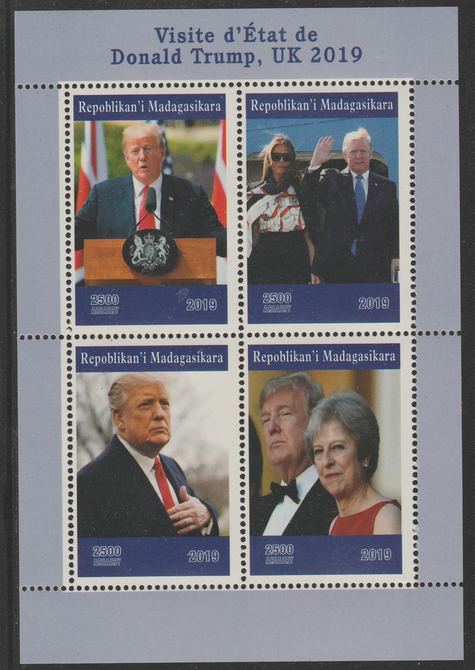 Madagascar 2019 Donald Trump's visit to UK perf sheet containing 4 values unmounted mint. , stamps on , stamps on  stamps on trump, stamps on  stamps on usa presidents