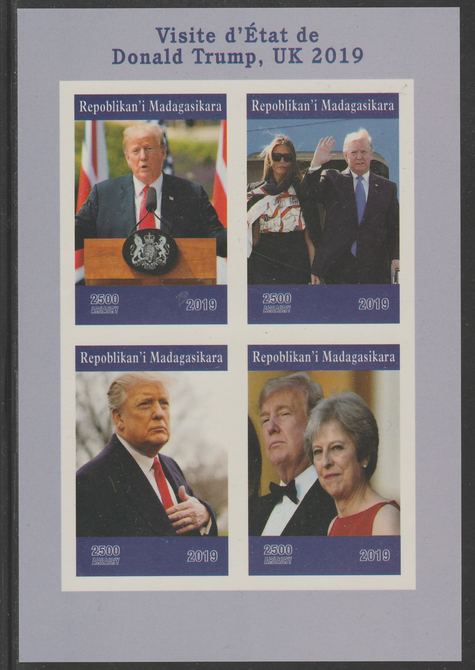 Madagascar 2019 Donald Trump's visit to UK imperf sheet containing 4 values unmounted mint. , stamps on , stamps on  stamps on trump, stamps on  stamps on usa presidents