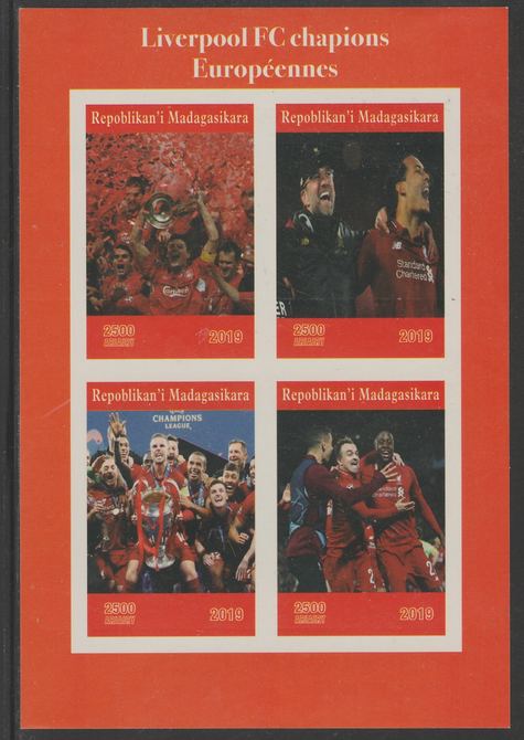 Madagascar 2019 Liverpool European Football Champions imperf sheet containing 4 values unmounted mint. , stamps on , stamps on  stamps on football