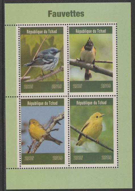 Chad 2019 Birds - Warblers perf sheet containing 4 values unmounted mint. , stamps on , stamps on  stamps on birds